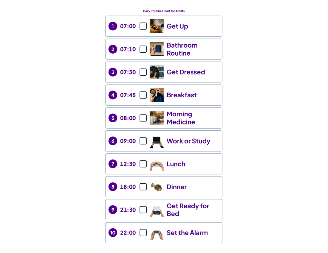 Printable Daily Routine Chart for Adults with photos: Get Up, Bathroom Routine, Get Dressed