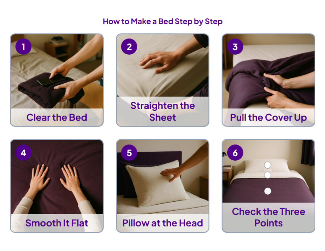Printable How to Make a Bed Step by Step with photos: Clear the Bed, Straighten the Sheet, Pull the Cover Up