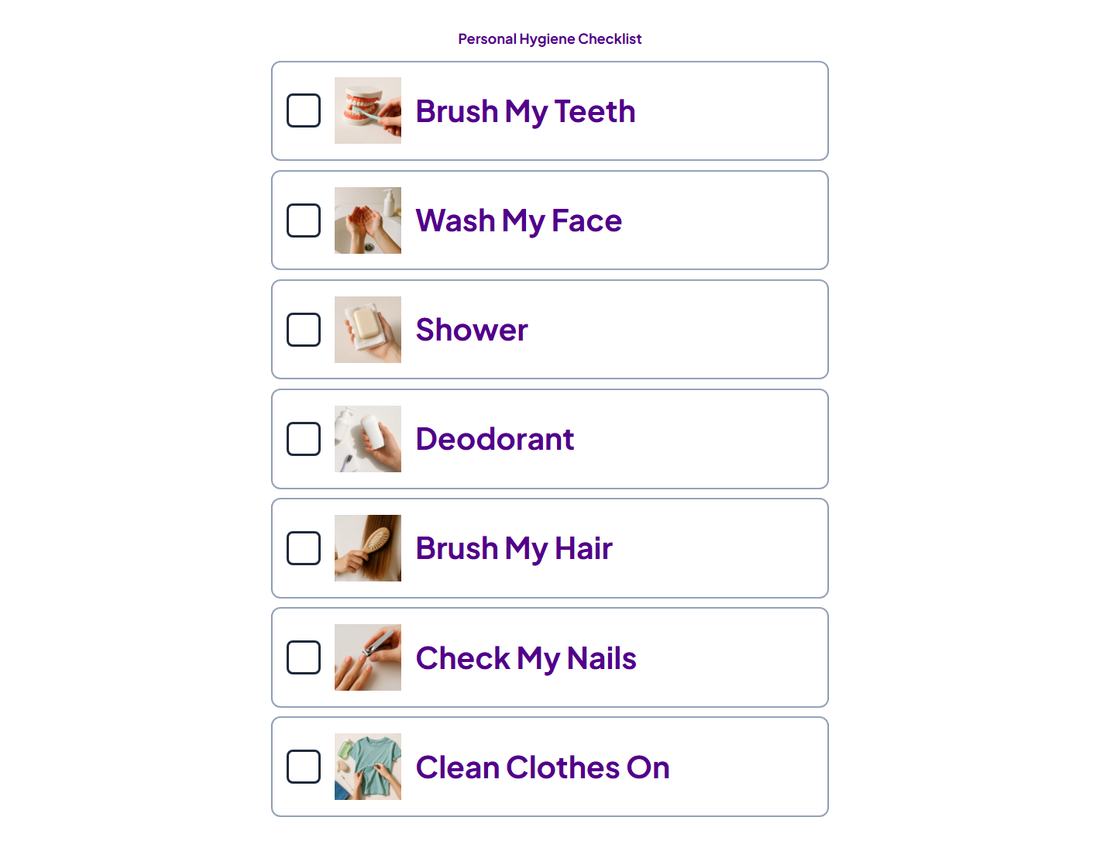 Printable Personal Hygiene Checklist for Adults with photos: Brush My Teeth, Wash My Face, Shower