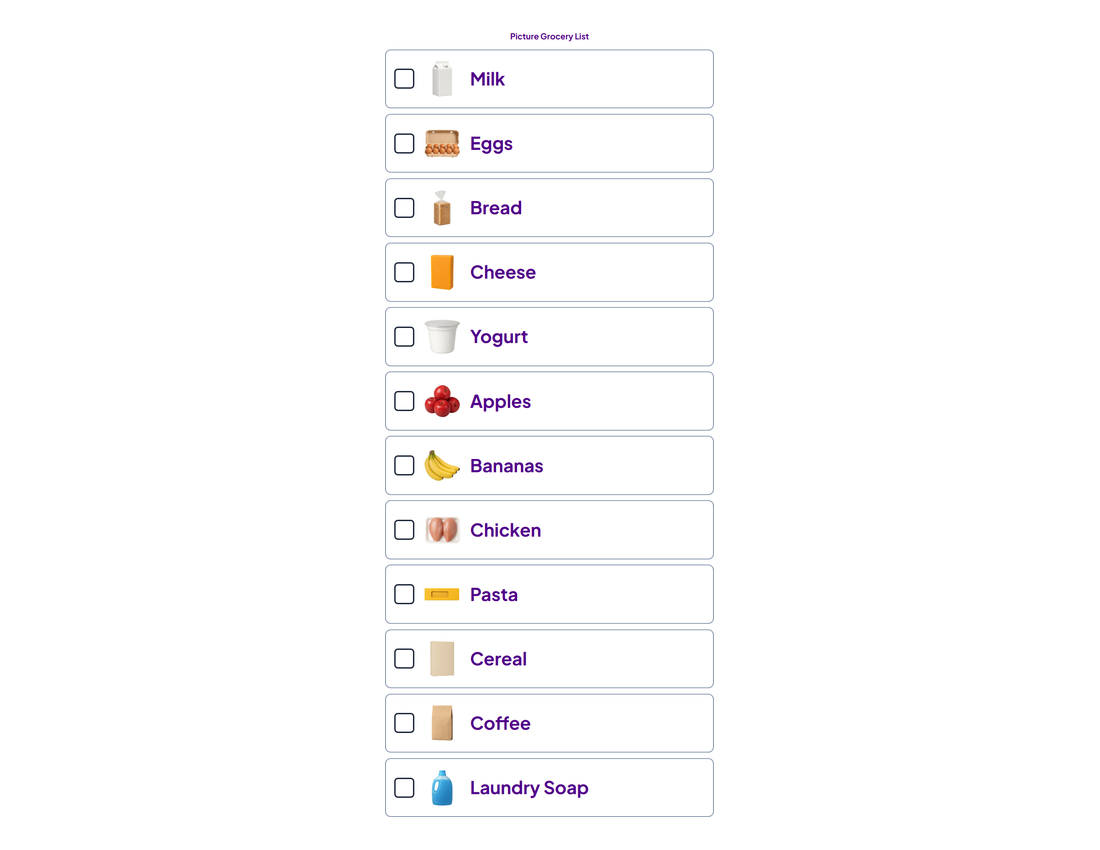 Printable Picture Grocery List with photos: Milk, Eggs, Bread
